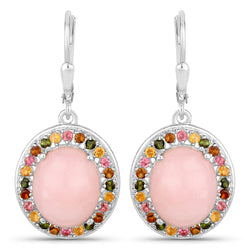 10.06 Carat Genuine Pink Opal and Multi Tourmaline .925 Sterling Silver Earrings