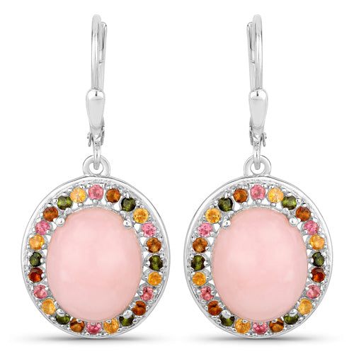 10.06 Carat Genuine Pink Opal and Multi Tourmaline .925 Sterling Silver Earrings