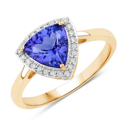 1.61 Carat Genuine Tanzanite and White Diamond 14K Yellow Gold Ring