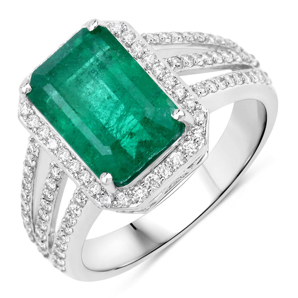 IGI Certified 4.61 Carat Genuine Zambian Emerald and White Diamond 14K White Gold Ring