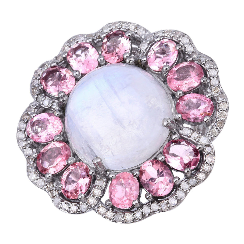 14.94 Carat Genuine Pink Tourmaline, Rainbow and White Diamond .925 Sterling Silver Ring