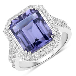 6.20 Carat Genuine Iolite and White Diamond 14K White Gold Ring