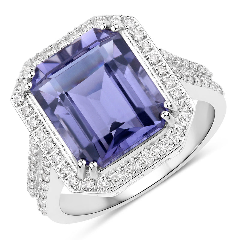 6.20 Carat Genuine Iolite and White Diamond 14K White Gold Ring