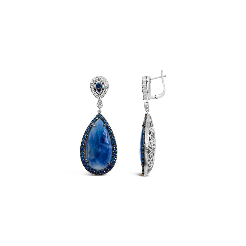 18K White Gold Earring 30x15MM Pear Shaped Blue Sapphire and Diamond Halo Drop and Dangle Earrings (F-G Color, VS1-VS2 Clarity)