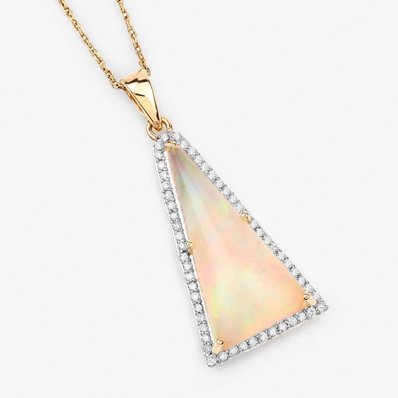 4.34 Carat Genuine Ethiopian Opal and White Diamond 14K Yellow Gold Pendant