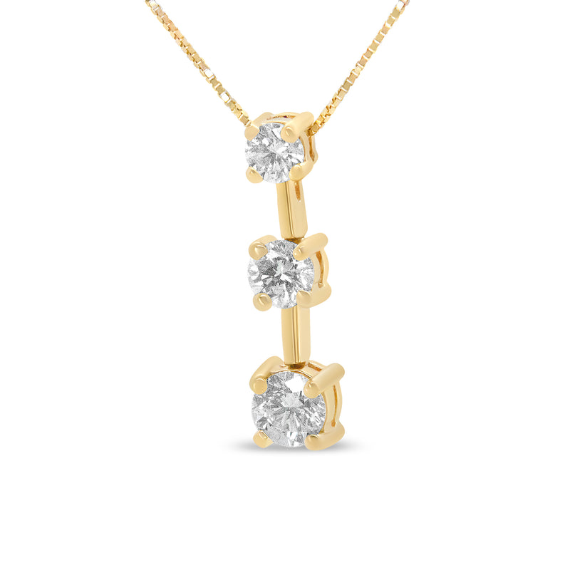 14K Yellow Gold 1.00 Cttw Round Diamond Three-Stone Drop Pendant 18" Necklace - (H-I Color, SI1-SI2 Clarity)