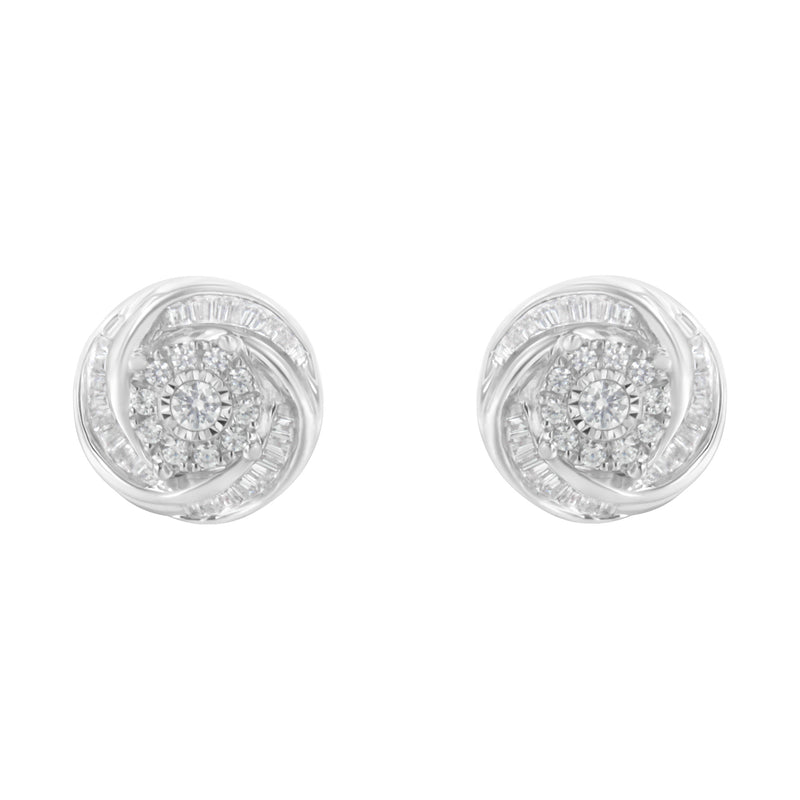 .925 Sterling Silver 3/4 Cttw Round and Baguette-Cut Diamond Love Knot Stud Earring (I-J Color, I2-I3 Clarity)