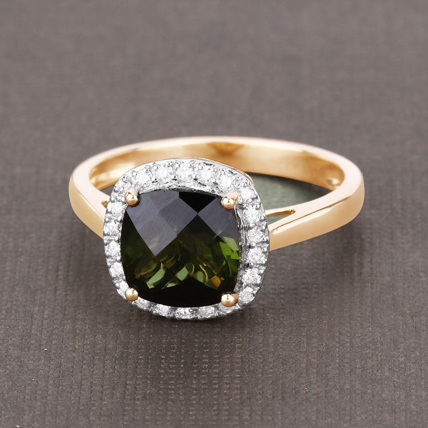 2.64 Carat Genuine Green Tourmaline and White Diamond 14K Yellow Gold Ring