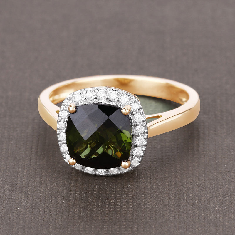 2.64 Carat Genuine Green Tourmaline and White Diamond 14K Yellow Gold Ring