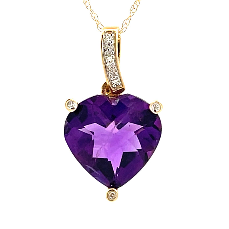 Amethyst Diamond Heart Love Pendant 14KT Yellow Gold