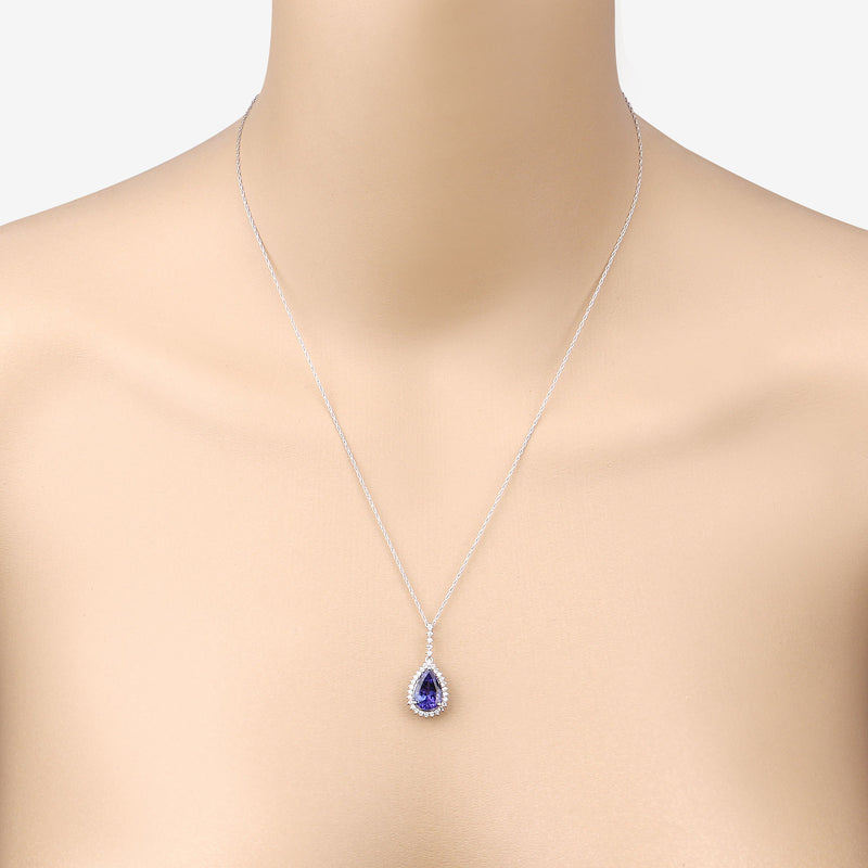 3.05 Carat Genuine Tanzanite and White Diamond 14K White Gold Pendant