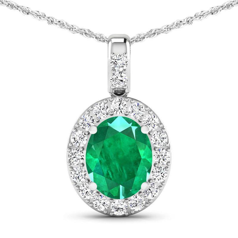 2.57 Carat Genuine Zambian Emerald and White Diamond 14K White Gold Pendant