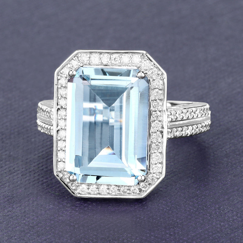 5.85 Carat Genuine Aquamarine and White Diamond 14K White Gold Ring