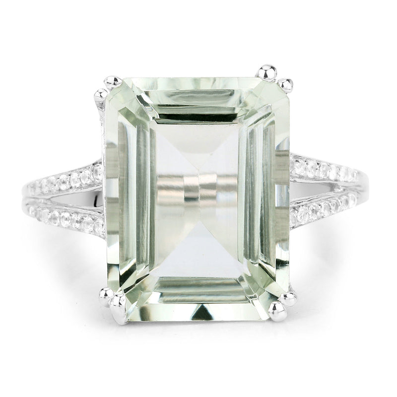 10.64 Carat Genuine Green Amethyst and White Topaz .925 Sterling Silver Ring