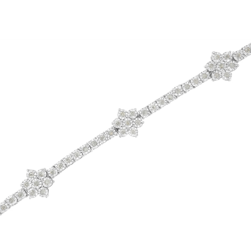 .925 Sterling Silver 1.0 cttw Miracle-Set Diamond Floral Station Tennis Bracelet (I-J Color, I2-I3 Clarity) - Fits Wrists up to 7.5 Inches