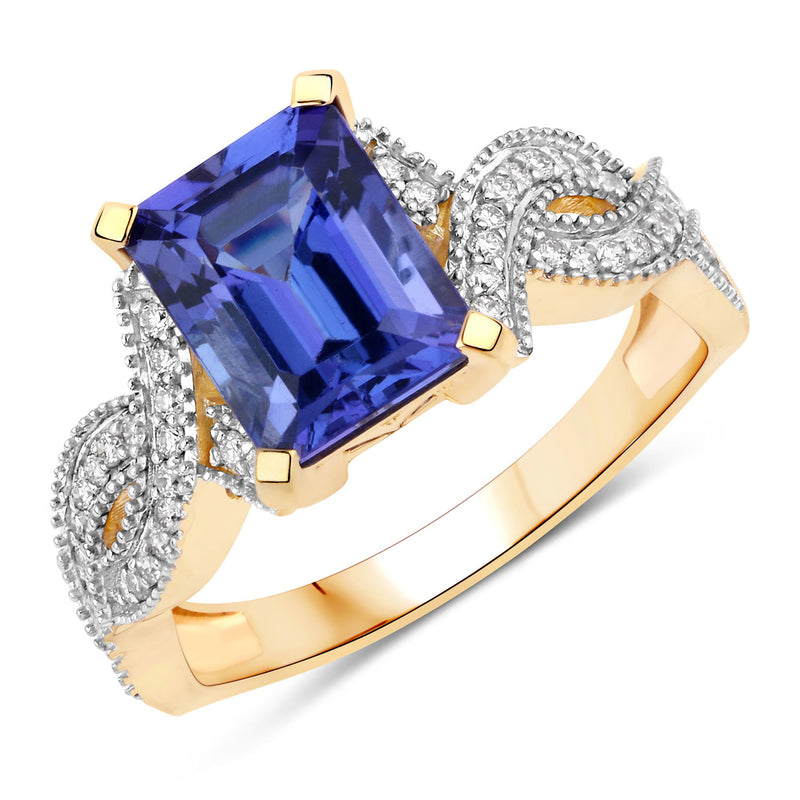 3.01 Carat Genuine Tanzanite and White Diamond 14K Yellow Gold Ring