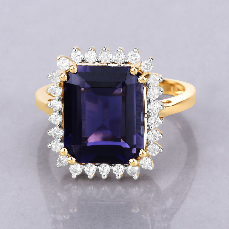 4.59 Carat Genuine Iolite and White Diamond 14K Yellow Gold Ring