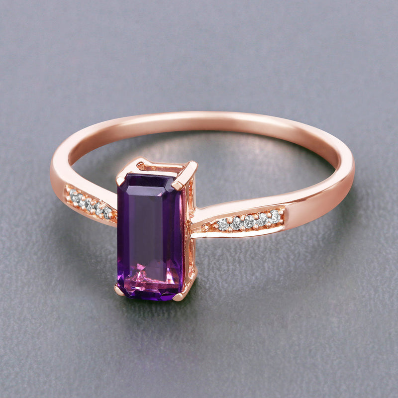 0.73 Carat Genuine Amethyst and White Diamond 14K Rose Gold Ring