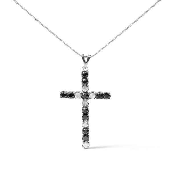 .925 Sterling Silver 2.0 Cttw Prong Set Round Natural Treated Black and White Diamond Cross Pendant Necklace - 18" (Black/H-I Color, I3 Clarity)