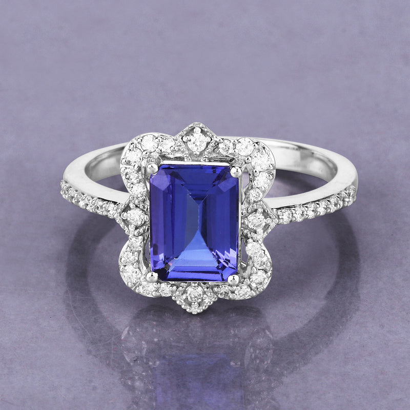 1.71 Carat Genuine Tanzanite and White Diamond 14K White Gold Ring