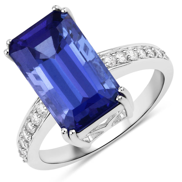 6.95 Carat Genuine Tanzanite and White Diamond 18K White Gold Ring