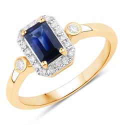 1.08 Carat Genuine Blue Sapphire and White Diamond 14K Yellow Gold Ring