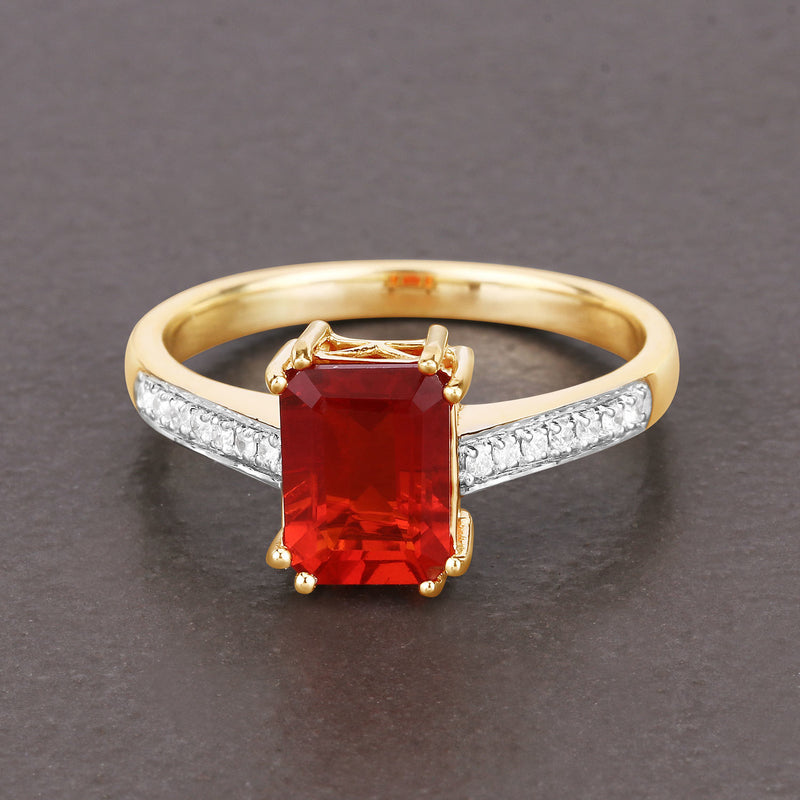 1.11 Carat Genuine Fire Opal and White Diamond 14K Yellow Gold Ring