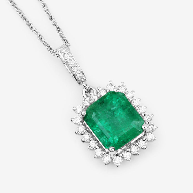 IGI Certified 2.06 Carat Genuine Zambian Emerald and White Diamond 14K White Gold Pendant