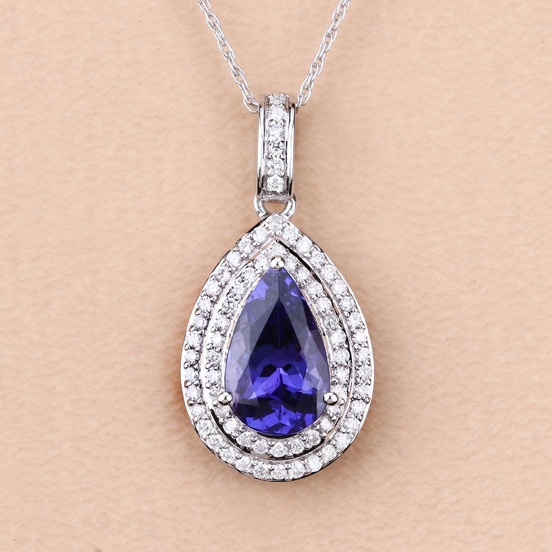 2.56 Carat Genuine Tanzanite and White Diamond 14K White Gold Pendant