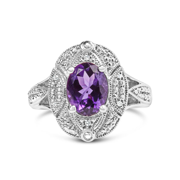 .925 Sterling Silver 9x7mm Oval Purple Amethyst and Diamond Accent Art Deco Style Cocktail Ring (I-J Color, I1-I2 Clarity) - Size 6