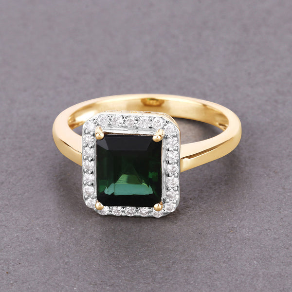 3.02 Carat Genuine Green Tourmaline and White Diamond 14K Yellow Gold Ring