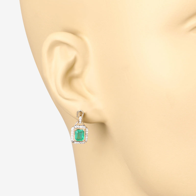 1.83 Carat Genuine Emerald and White Diamond 14K Yellow Gold Earrings