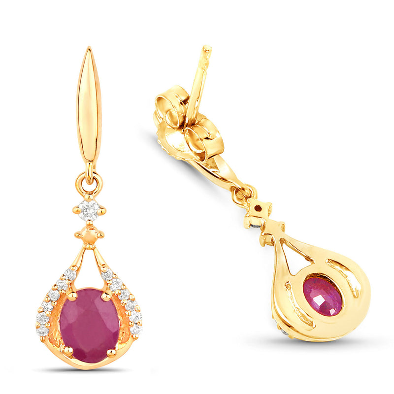 0.70 Carat Genuine Ruby and White Diamond 14K Yellow Gold Earrings