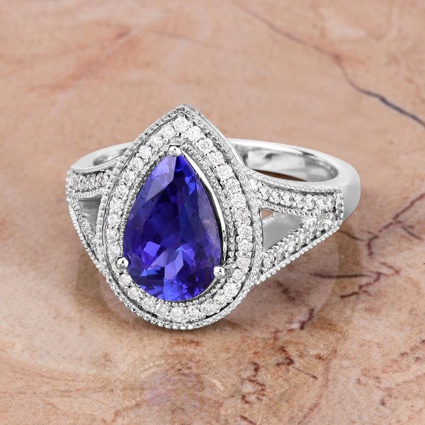 2.60 Carat Genuine Tanzanite and White Diamond 14K White Gold Ring