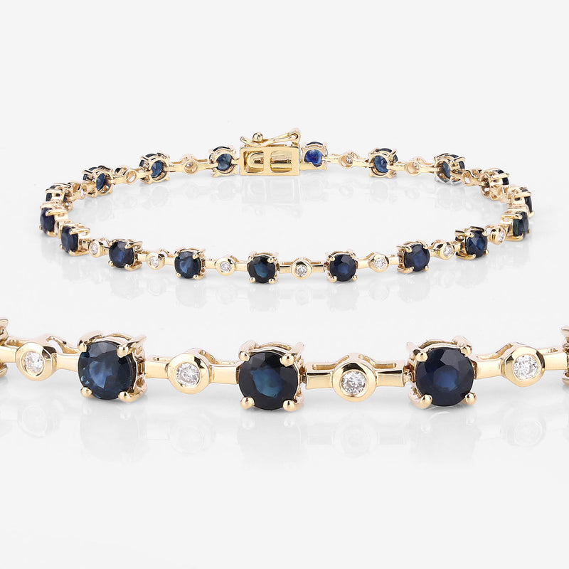 4.88 Carat Genuine Blue Sapphire and White Diamond 14K Yellow Gold Bracelet