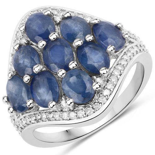 3.40 Carat Genuine Blue Sapphire and White Diamond .925 Sterling Silver Ring