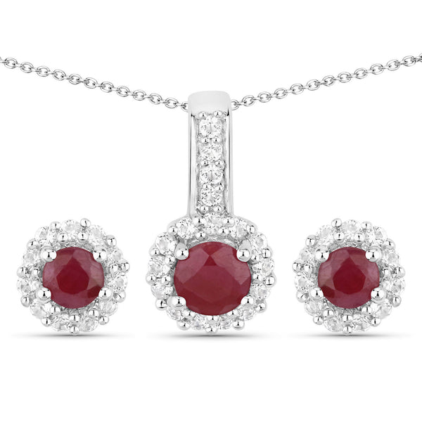 2.17 Carat Genuine Ruby and White Topaz .925 Sterling Silver Jewelry Set