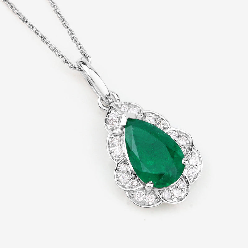 IGI Certified 1.58 Carat Genuine Zambian Emerald and White Diamond 14K White Gold Pendant