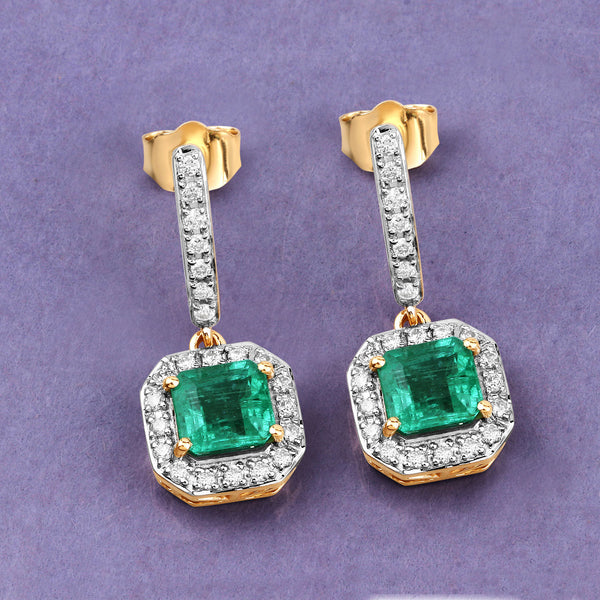 2.07 Carat Genuine Emerald and White Diamond 14K Yellow Gold Earrings