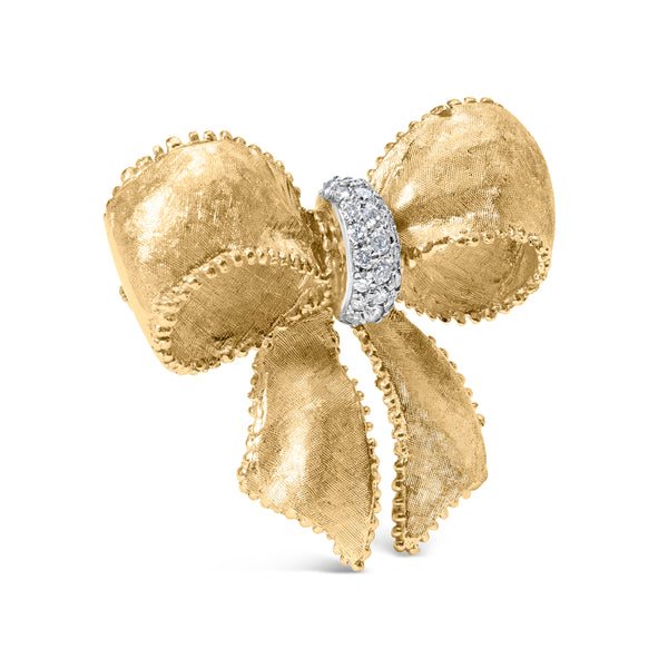 18K Yellow Gold and 3/5 Cttw Diamond Bow Pin Brooch (G-H Color, VS1-VS2 Clarity)