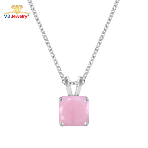 V3 Jewelry 925 Sterling Silver with Natural Pink Opal Solitaire Pendant with 18"