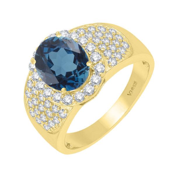 V3 Jewelry 18K Gold Plated Natural London Blue Topaz & White Topaz Halo Ring
