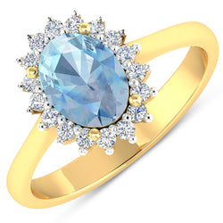 1.62 Carat Genuine Aquamarine and White Diamond 14K Yellow Gold Ring