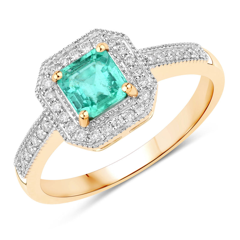 0.82 Carat Genuine Emerald and White Diamond 14K Yellow Gold Ring