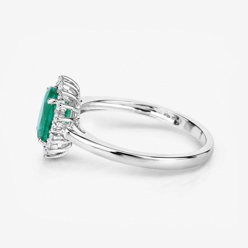 1.37 Carat Genuine Zambian Emerald and White Diamond 14K White Gold Ring