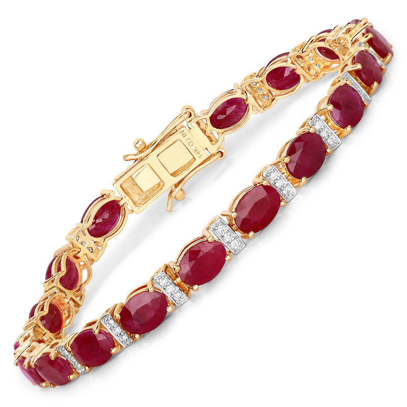 16.52 Carat Genuine Ruby and White Diamond 14K Yellow Gold Bracelet