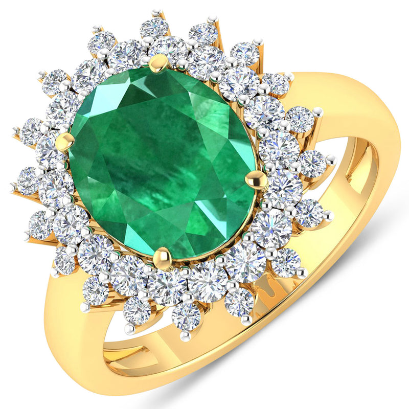 3.99 Carat Genuine Zambian Emerald and White Diamond 14K Yellow Gold Ring