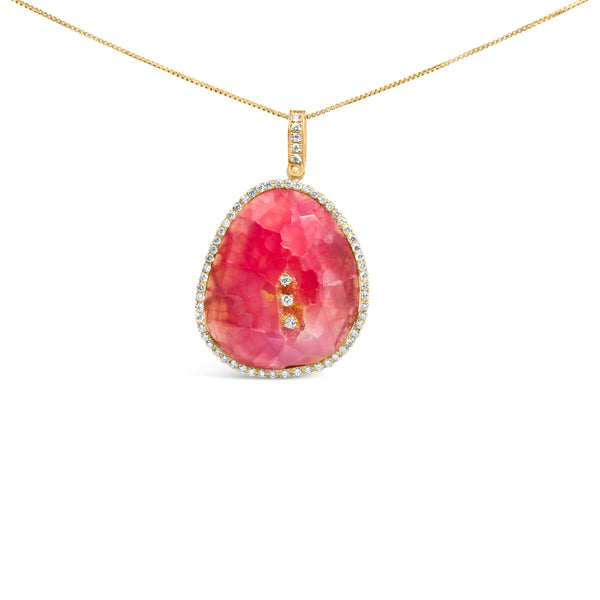 18K Yellow Gold 42.0 Cttw Pink Quartz Crystal Geode and 1.0 Cttw Diamond Halo 18" Pendant Necklace (F-G Color, VS1-VS2 Clarity)