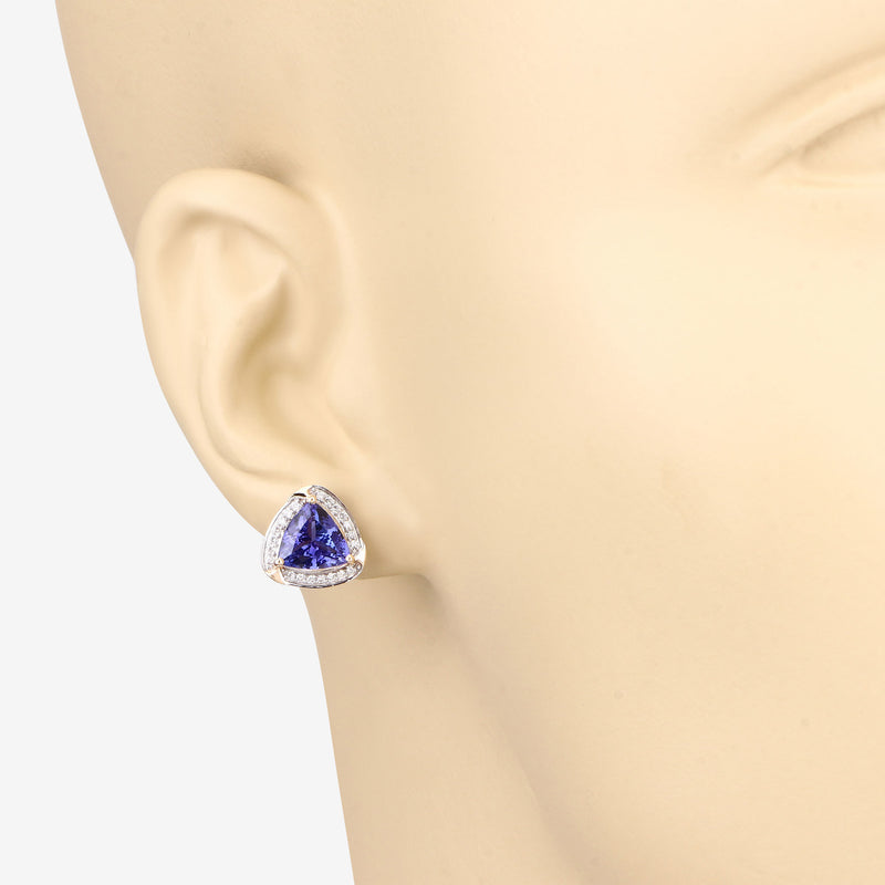 3.70 Carat Genuine Tanzanite and White Diamond 14K Yellow Gold Earrings