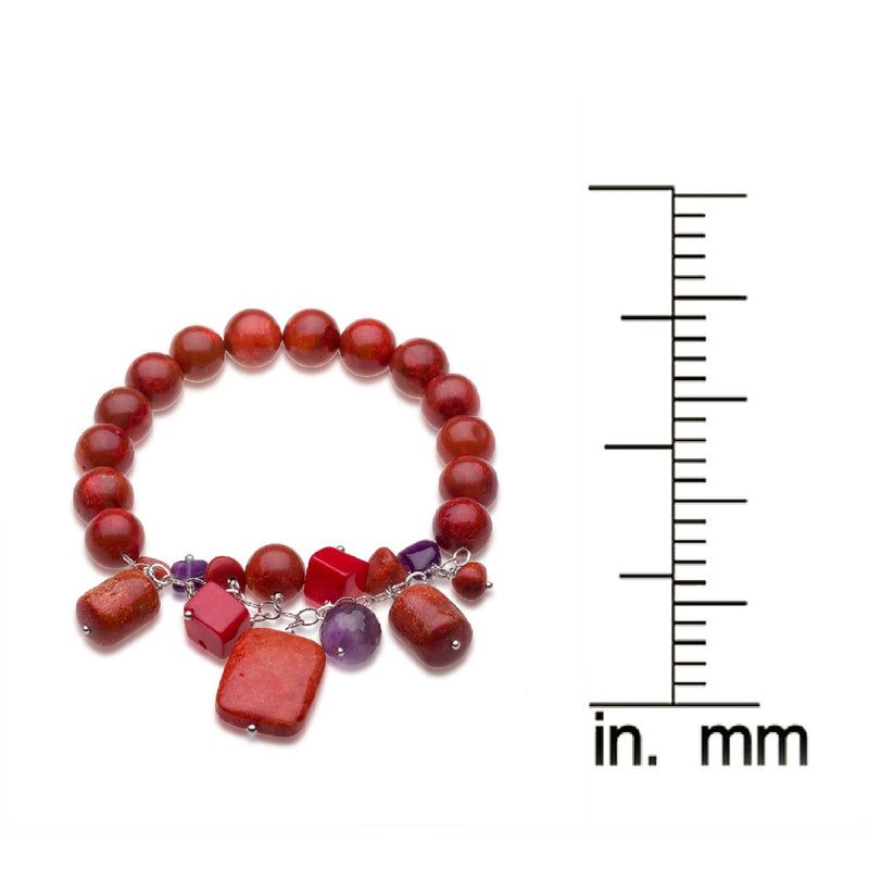 Sterling Silver 10MM Red Coral & Amethyst Bead Stretch Bracelet